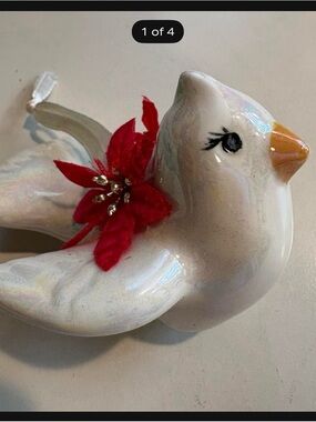 Iridescent Ceramic Dove Christmas Ornament with Red Flower Poinsettia